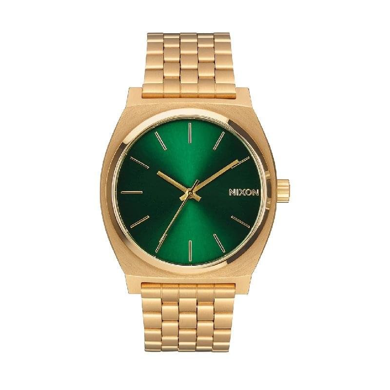 Nixon Time Teller Gold Green Sunray 37mm stainless steel quartz watch with green dial and 100m water resistance.